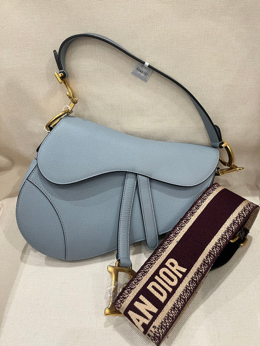 Pre-owned Certified Dior Saddle in Sky Blue Grained Calfskin with Golden Hardware, 2018, w/ Dior dust bag, Dior canvas strap
