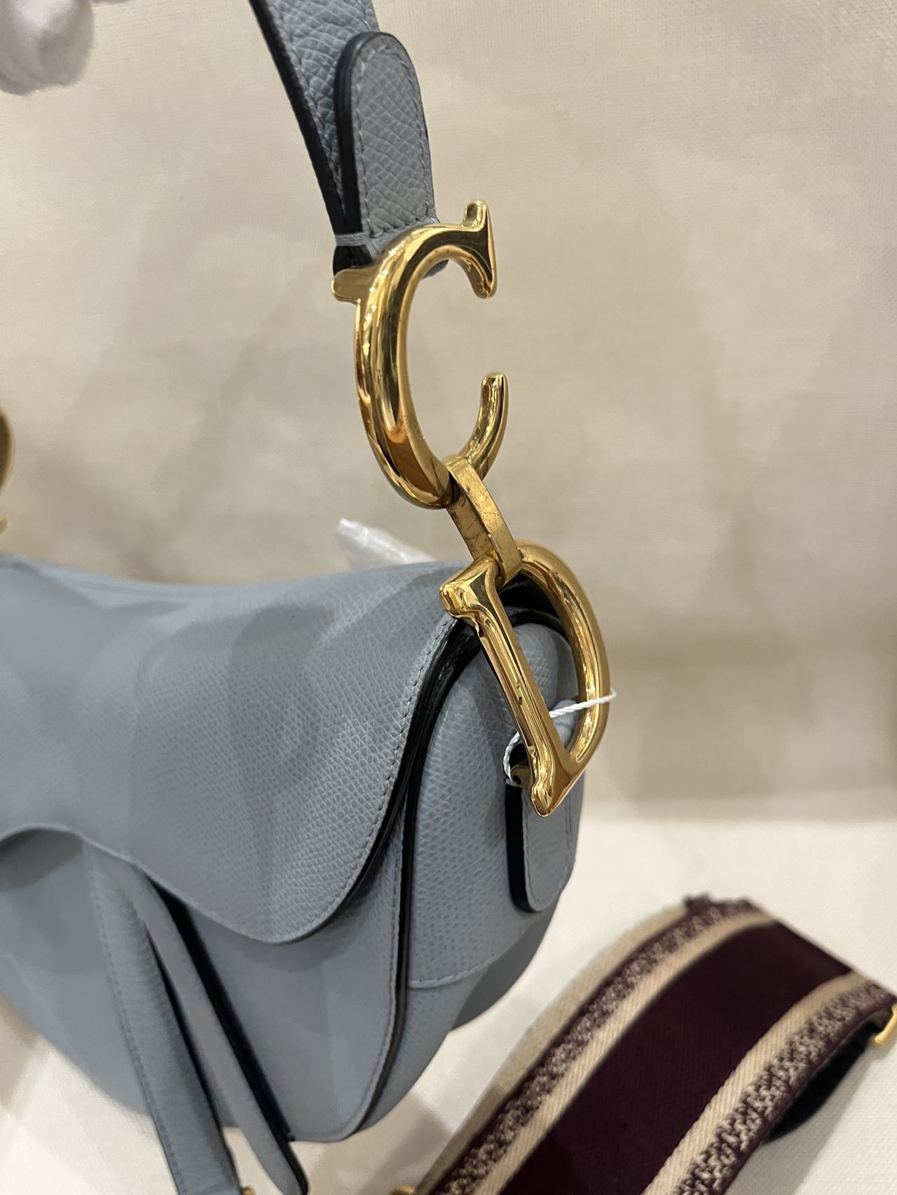 Pre-owned Certified Dior Saddle in Sky Blue Grained Calfskin with Golden Hardware, 2018, w/ Dior dust bag, Dior canvas strap
