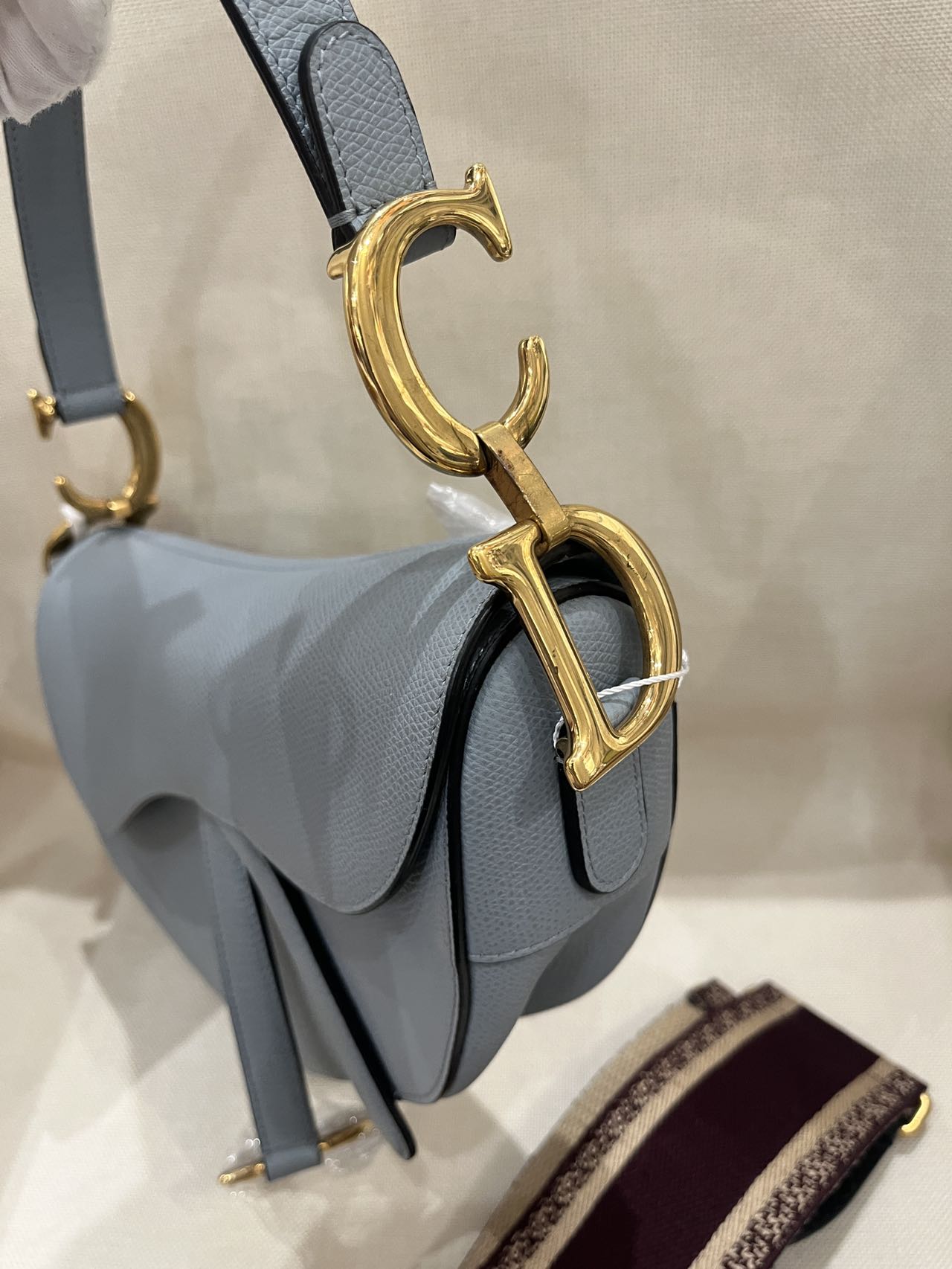 Pre-owned Certified Dior Saddle in Sky Blue Grained Calfskin with Golden Hardware, 2018, w/ Dior dust bag, Dior canvas strap