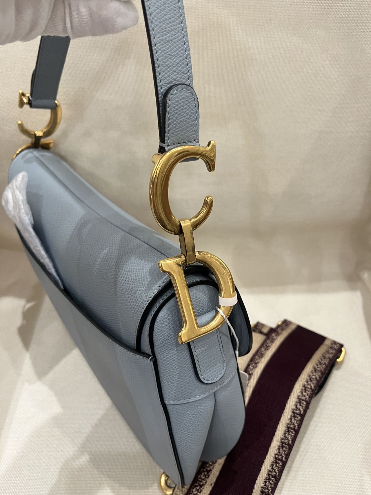 Pre-owned Certified Dior Saddle in Sky Blue Grained Calfskin with Golden Hardware, 2018, w/ Dior dust bag, Dior canvas strap