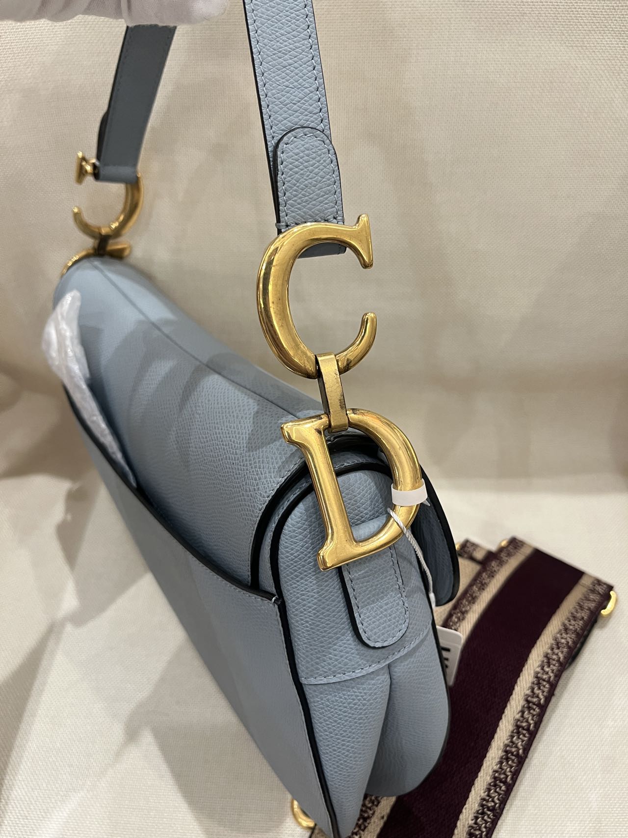 Pre-owned Certified Dior Saddle in Sky Blue Grained Calfskin with Golden Hardware, 2018, w/ Dior dust bag, Dior canvas strap