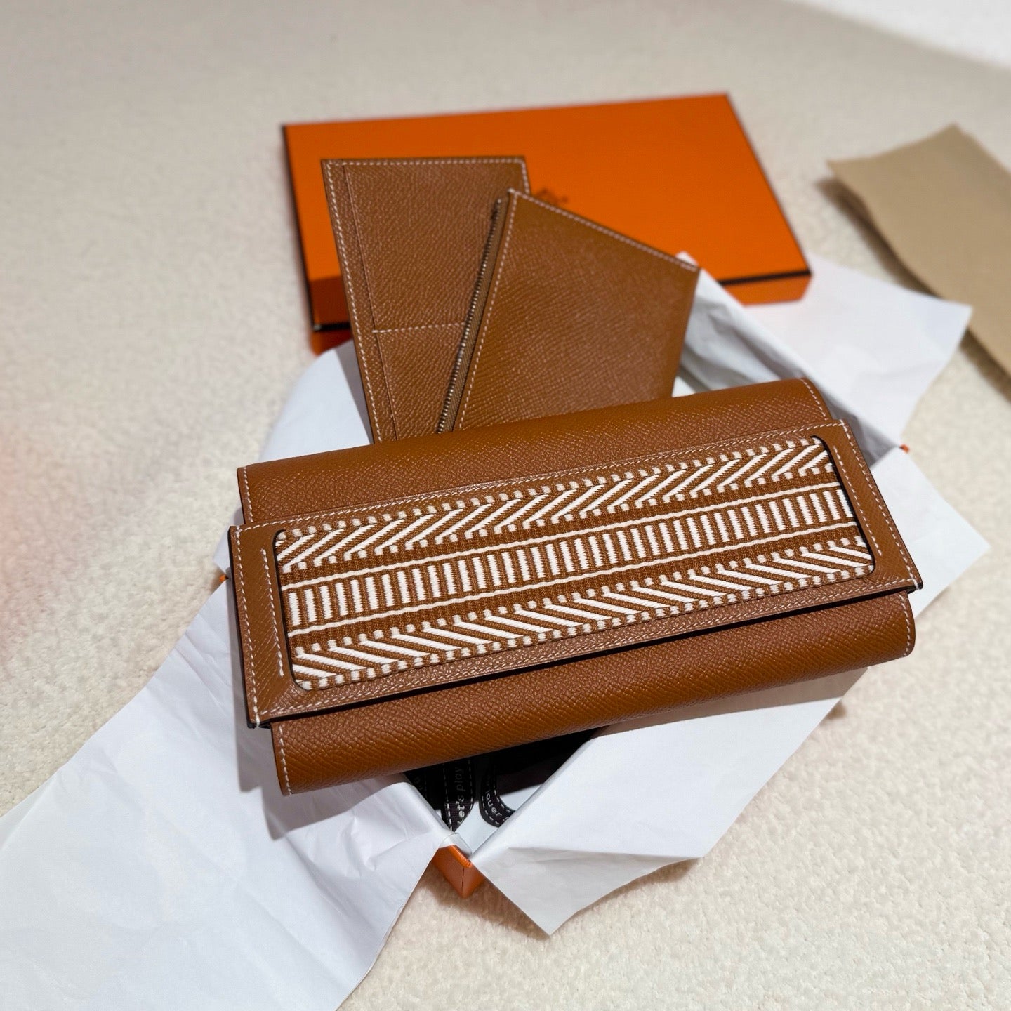Pre-owned Certified Hermes Passant Wallet 3in1 Golden Brown Epsom, 2018, w/ box, felt protector