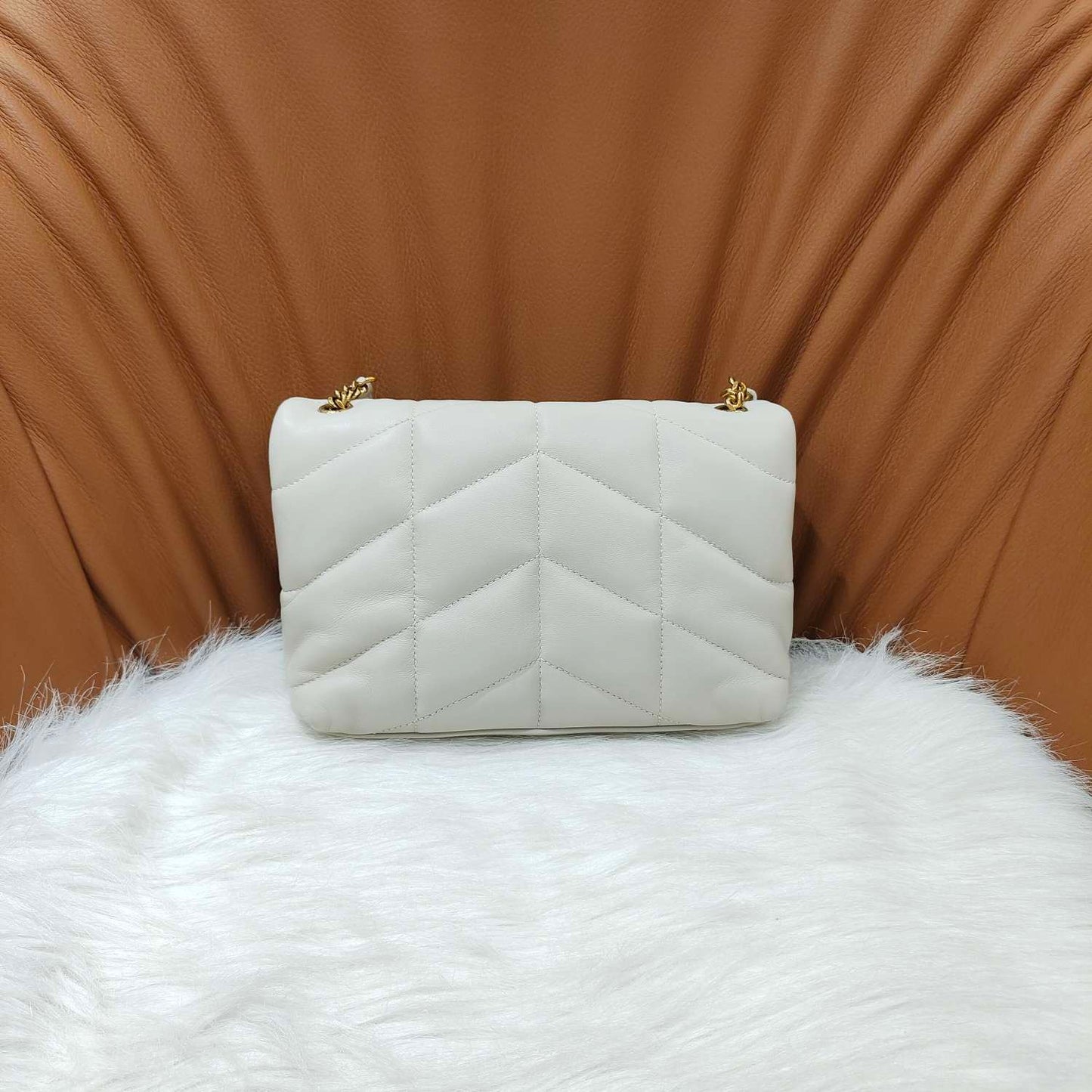 Pre-owned Certified YSL Saint Laurent Loulou Puffer Off White Lambskin Golden Hardware, 2023, w/ dust bag