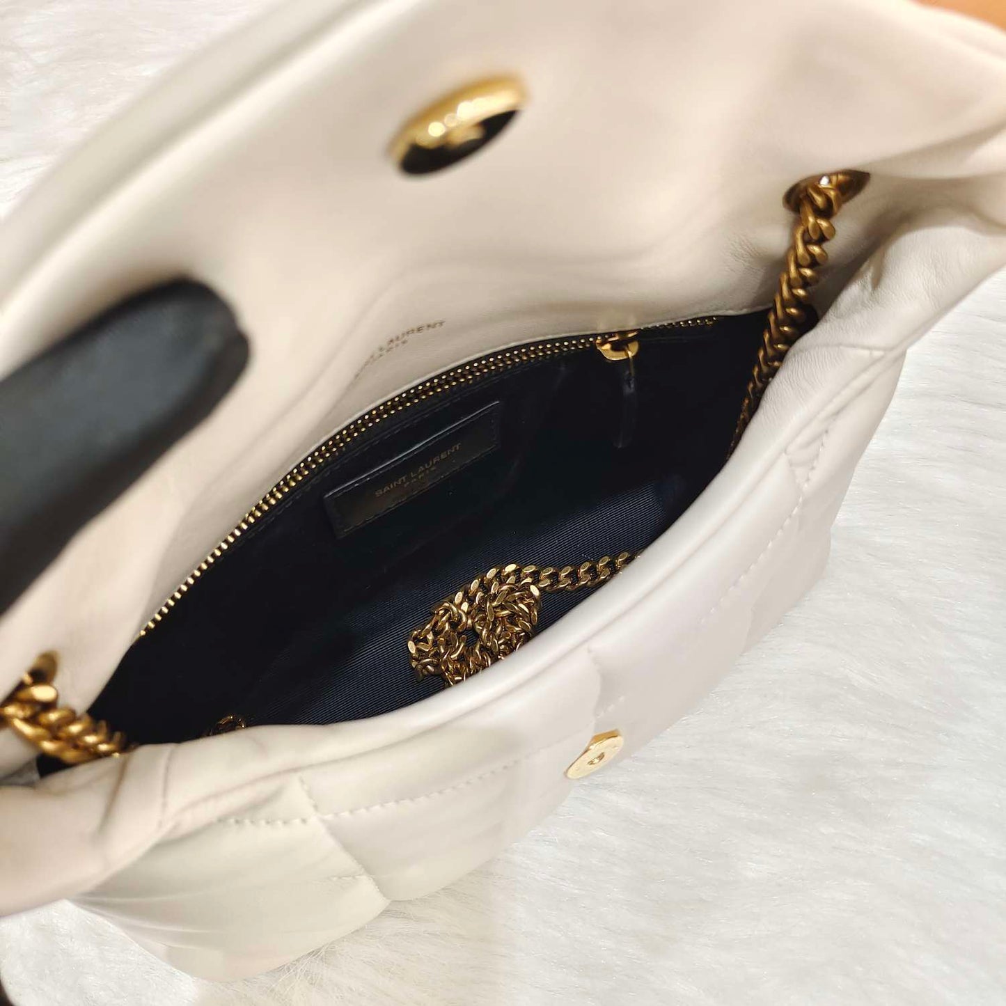 Pre-owned Certified YSL Saint Laurent Loulou Puffer Off White Lambskin Golden Hardware, 2023, w/ dust bag