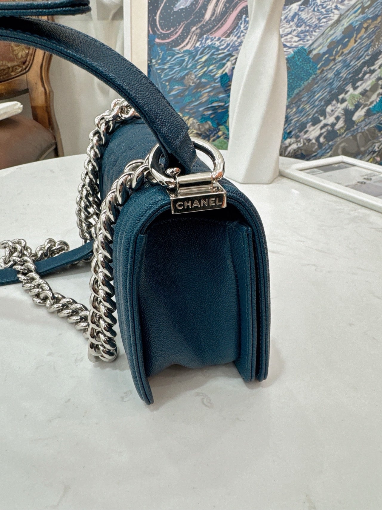 Pre-owned Chanel Small Le Boy Dark Blue Caviar Leather with Silver Hardware, 2019-2020, w/ box, dust bag