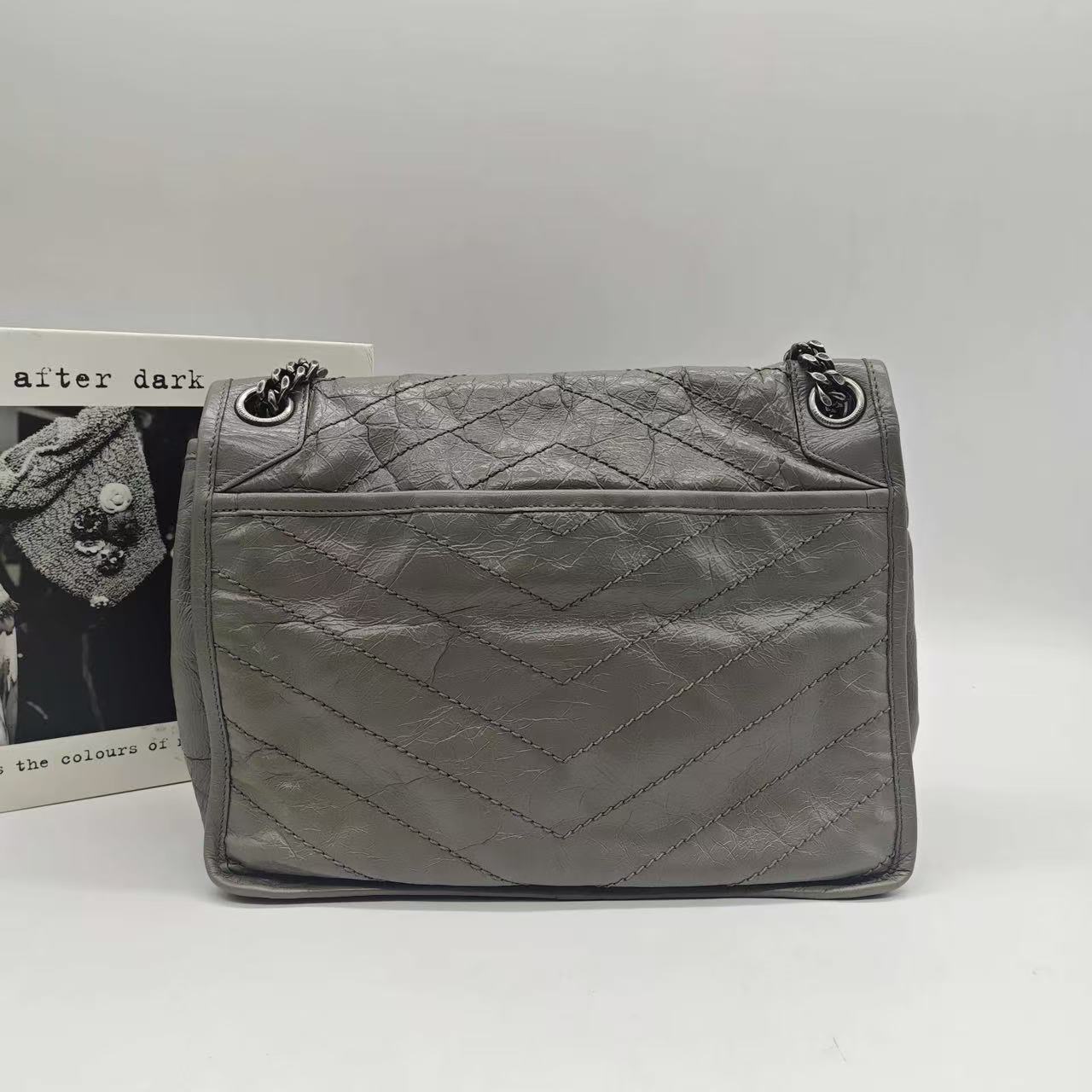Pre-owned Certified YSL Saint Laurent Niki Medium in Grey Aged Waxy Calfskin with Silver Hardware, w/ dust bag